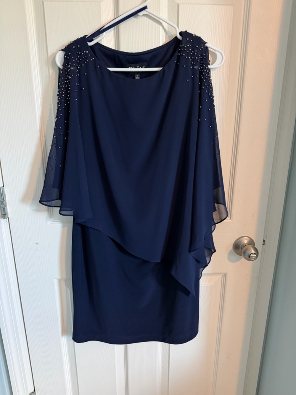 Elegant Navy Beaded Cape Sleeve Dress